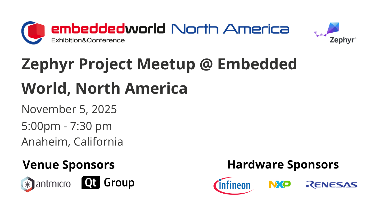 Zephyr Project Meetup @ Embedded World, North America - November 5,2025