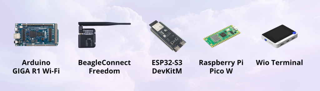 Picture of 5 developer boards: Arduino GIGA R1 Wi-Fi, BeagleConnect Freedom, ESP32-S3-DevKitM, Rasperry Pi Pico W, Wio Terminal.